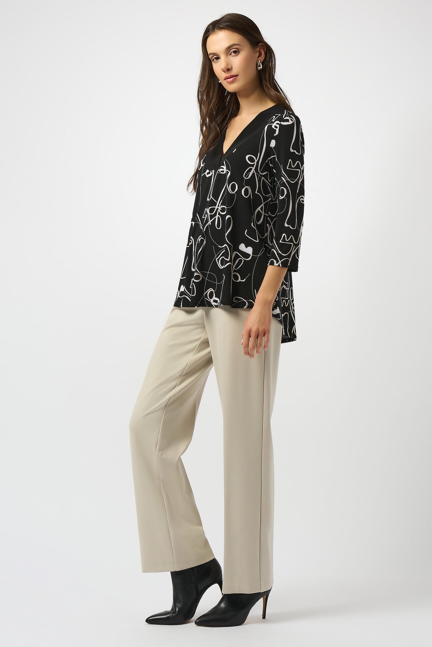 Joseph Ribkoff Black/Moonstone Silky Knit Face Print Flared Top