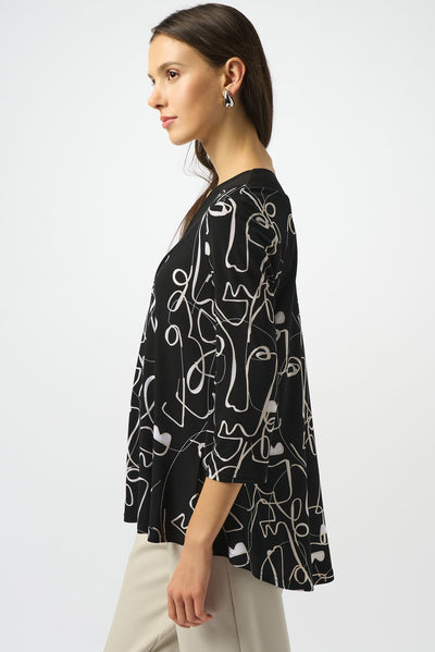 Joseph Ribkoff Black/Moonstone Silky Knit Face Print Flared Top