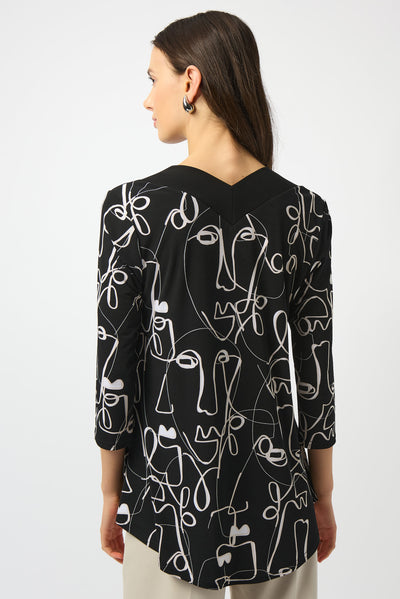 Joseph Ribkoff Black/Moonstone Silky Knit Face Print Flared Top