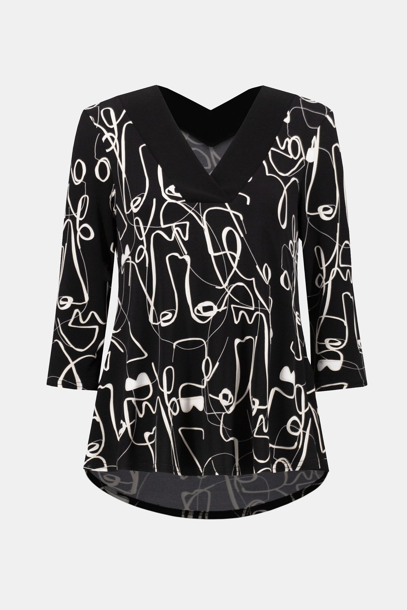Joseph Ribkoff Black/Moonstone Silky Knit Face Print Flared Top