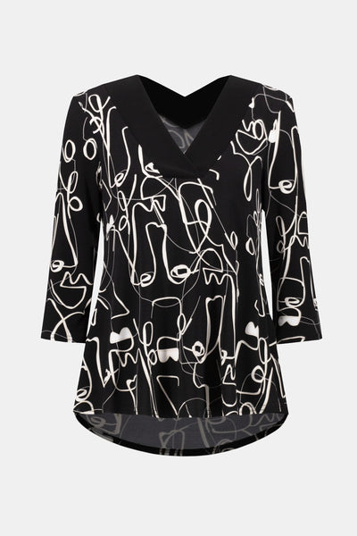 Joseph Ribkoff Black/Moonstone Silky Knit Face Print Flared Top