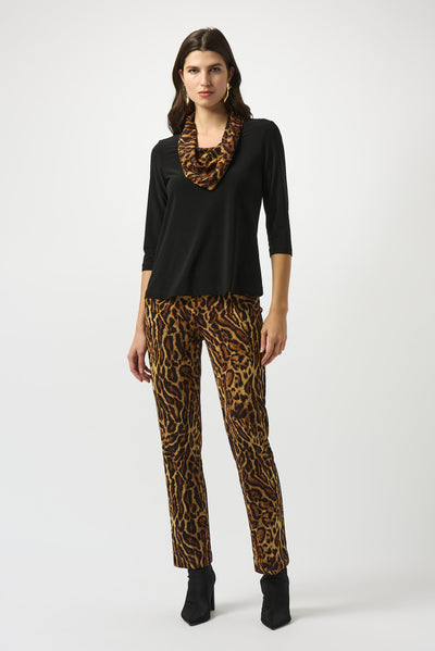 Joseph Ribkoff Silky Knit Fitted Top With Satin Animal Print Collar