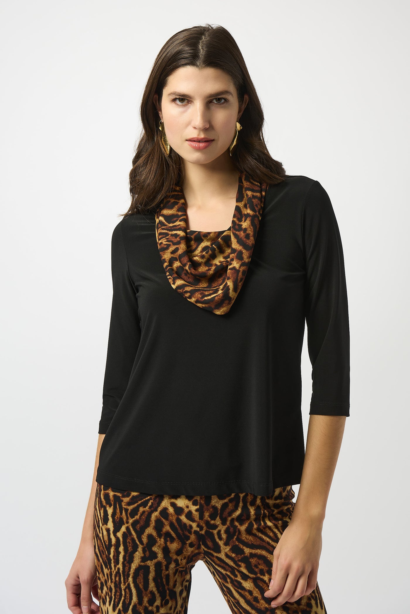Joseph Ribkoff Silky Knit Fitted Top With Satin Animal Print Collar
