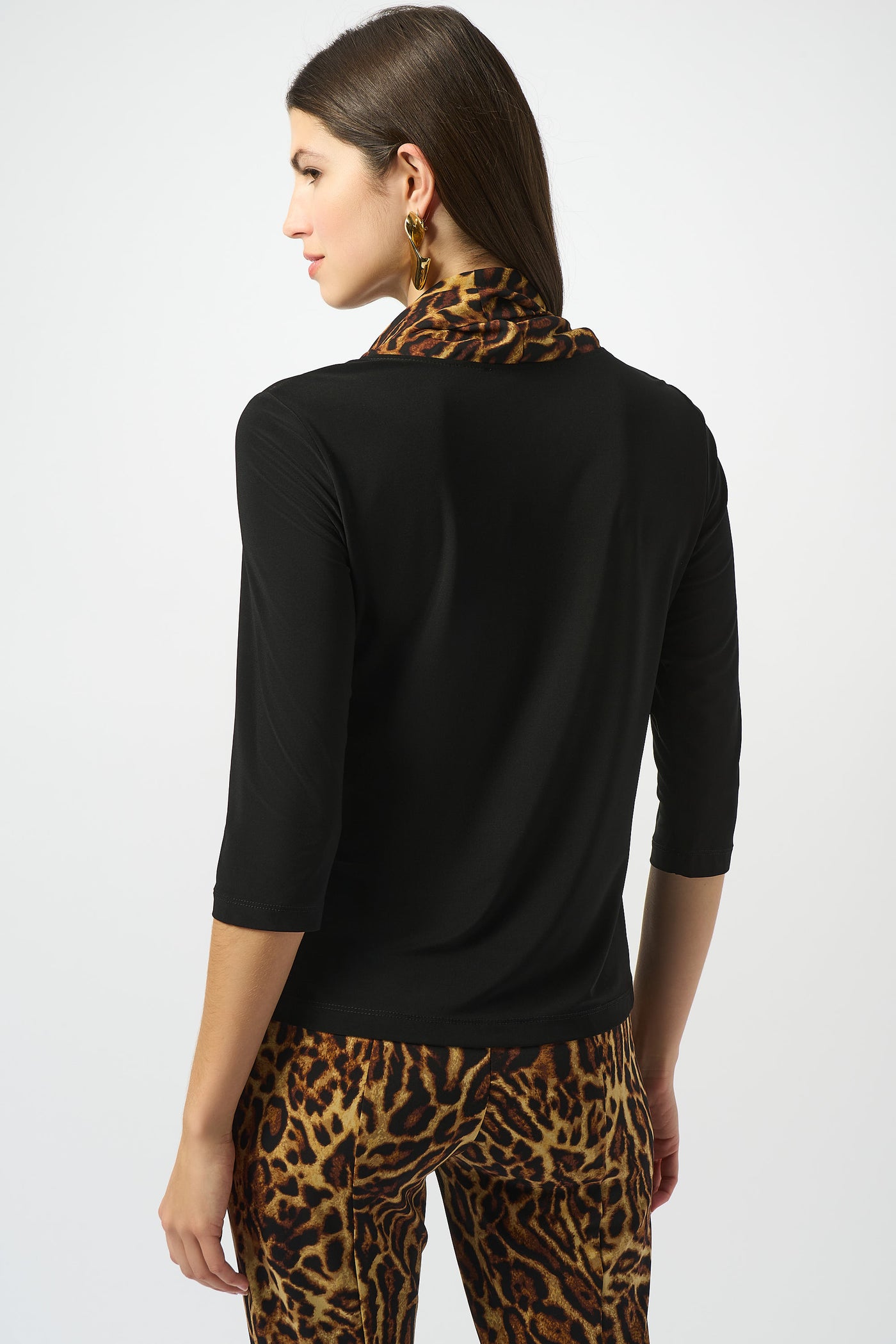 Joseph Ribkoff Silky Knit Fitted Top With Satin Animal Print Collar