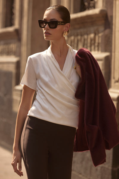 Joseph Ribkoff Winter White Recycled Satin And Silky Knit Wrap Top