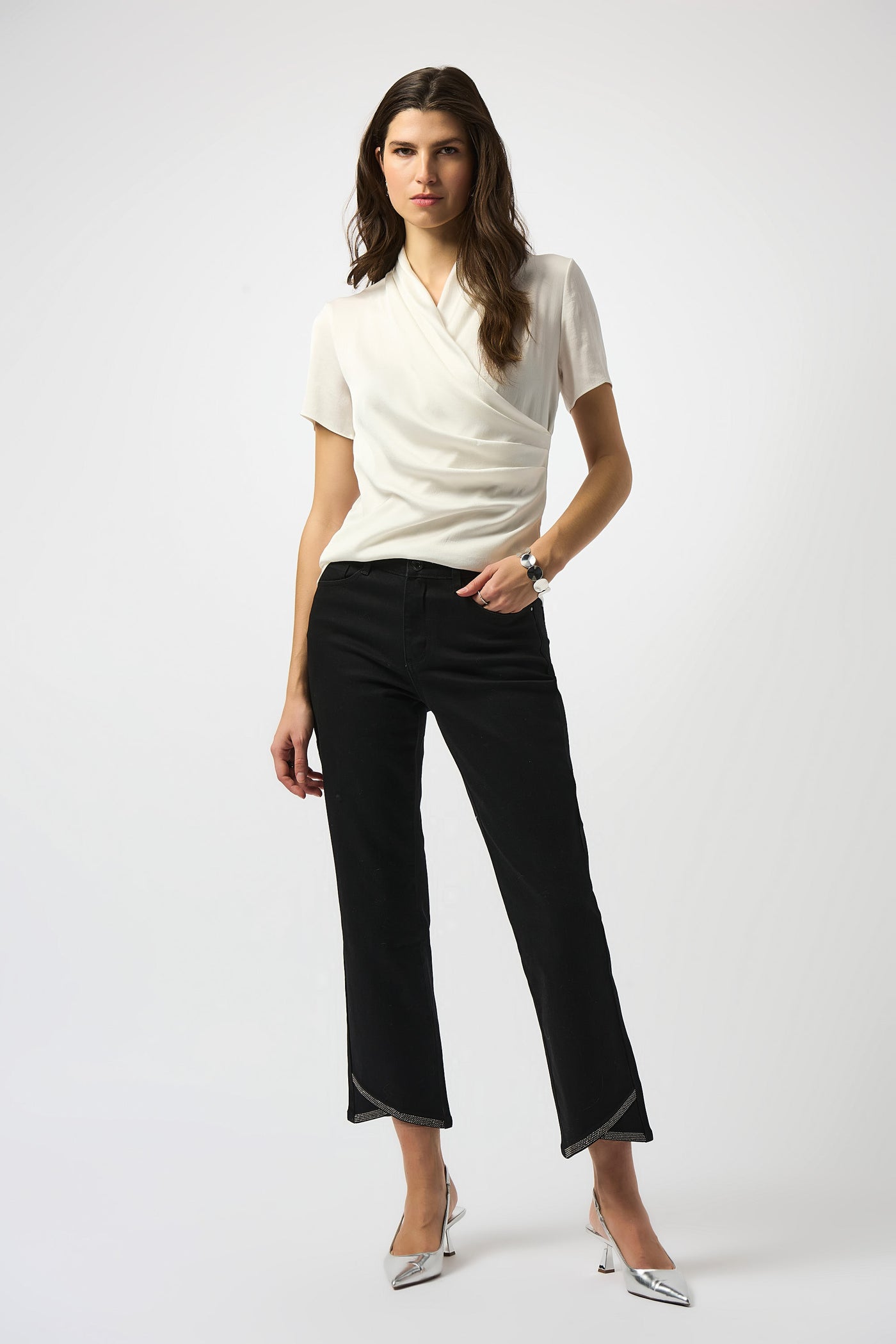 Joseph Ribkoff Winter White Recycled Satin And Silky Knit Wrap Top
