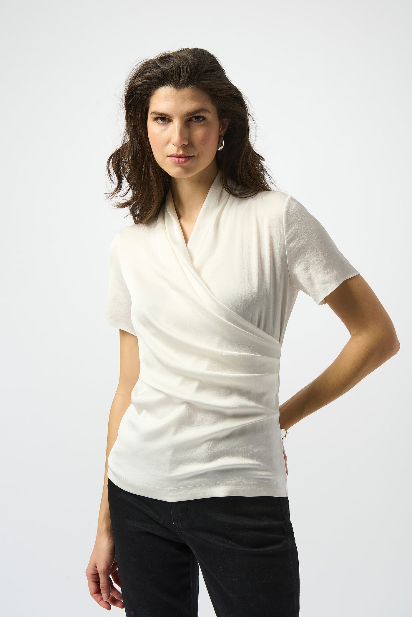 Joseph Ribkoff Winter White Recycled Satin And Silky Knit Wrap Top