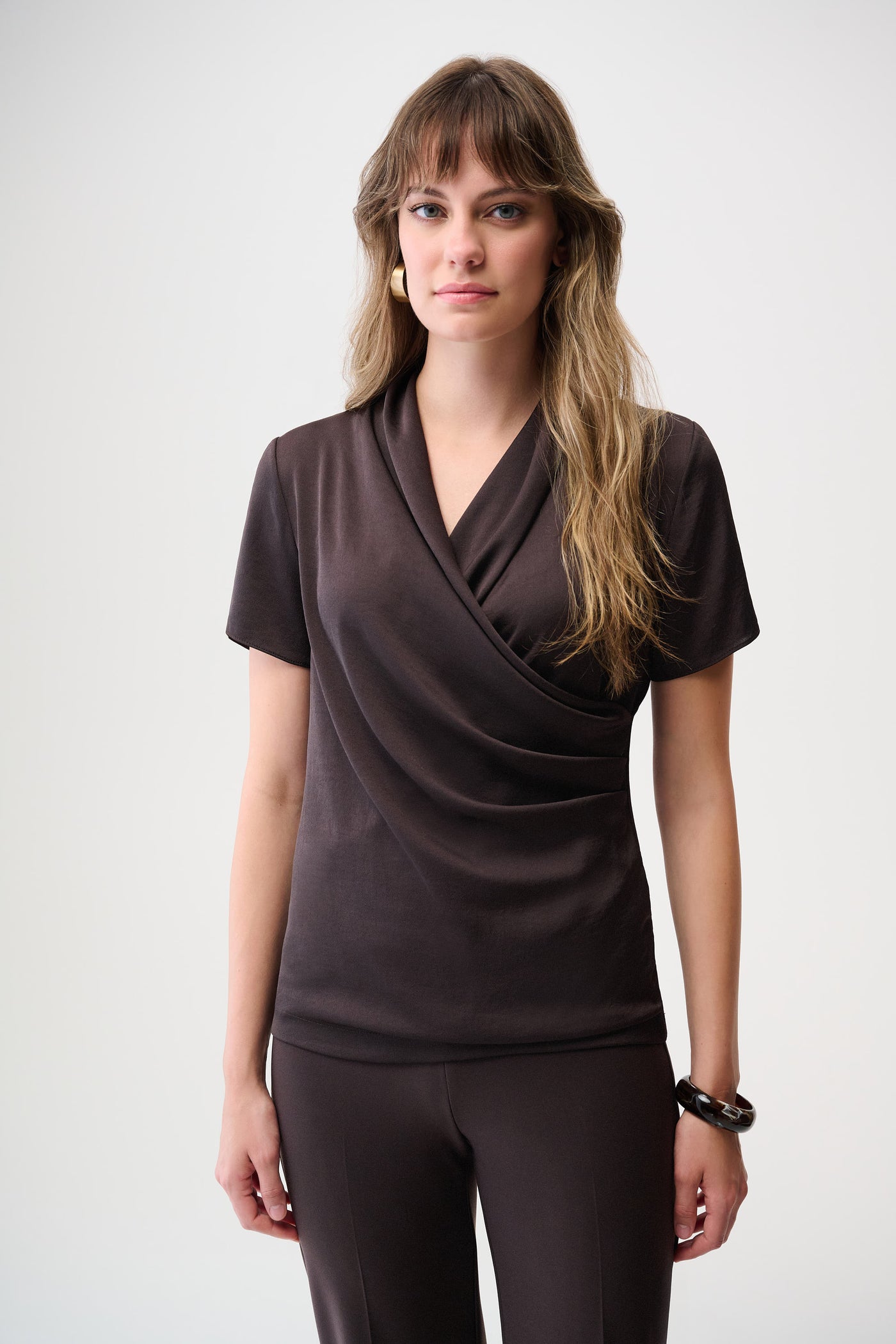 Joseph Ribkoff Mocha Recycled Satin And Silky Knit Wrap Top