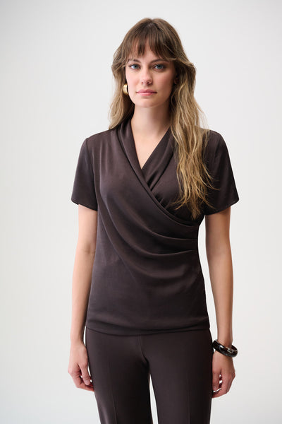 Joseph Ribkoff Mocha Recycled Satin And Silky Knit Wrap Top