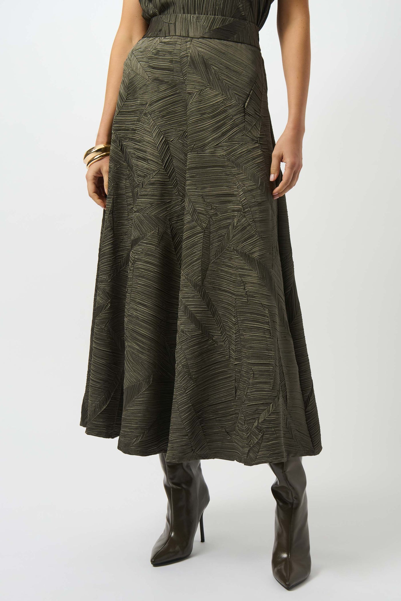 Joseph Ribkoff Avocado Pleated Satin Long Flared Skirt