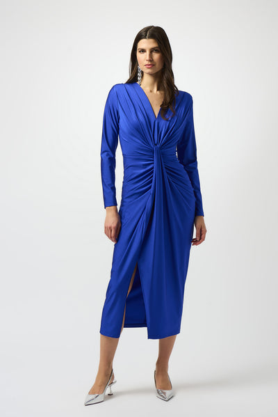 Joseph Ribkoff Royal Sapphire Signature | Satin Effect Knit Draped V-Neck Sheath Dress