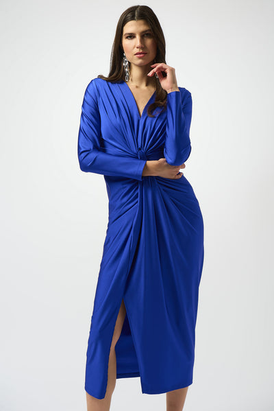 Joseph Ribkoff Royal Sapphire Signature | Satin Effect Knit Draped V-Neck Sheath Dress
