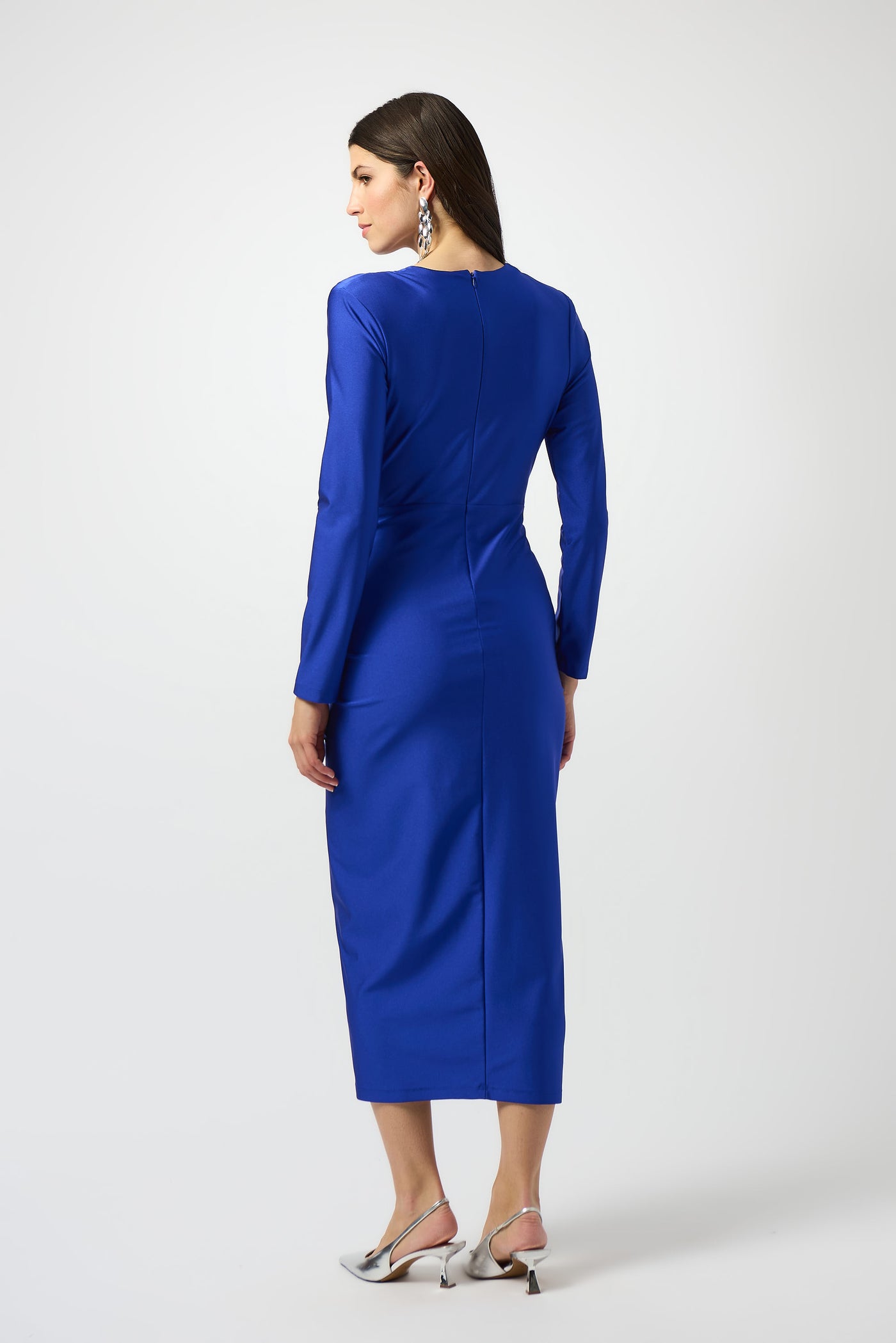 Joseph Ribkoff Royal Sapphire Signature | Satin Effect Knit Draped V-Neck Sheath Dress
