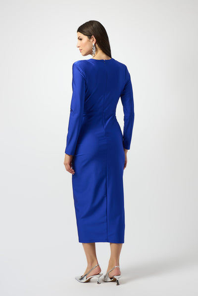 Joseph Ribkoff Royal Sapphire Signature | Satin Effect Knit Draped V-Neck Sheath Dress
