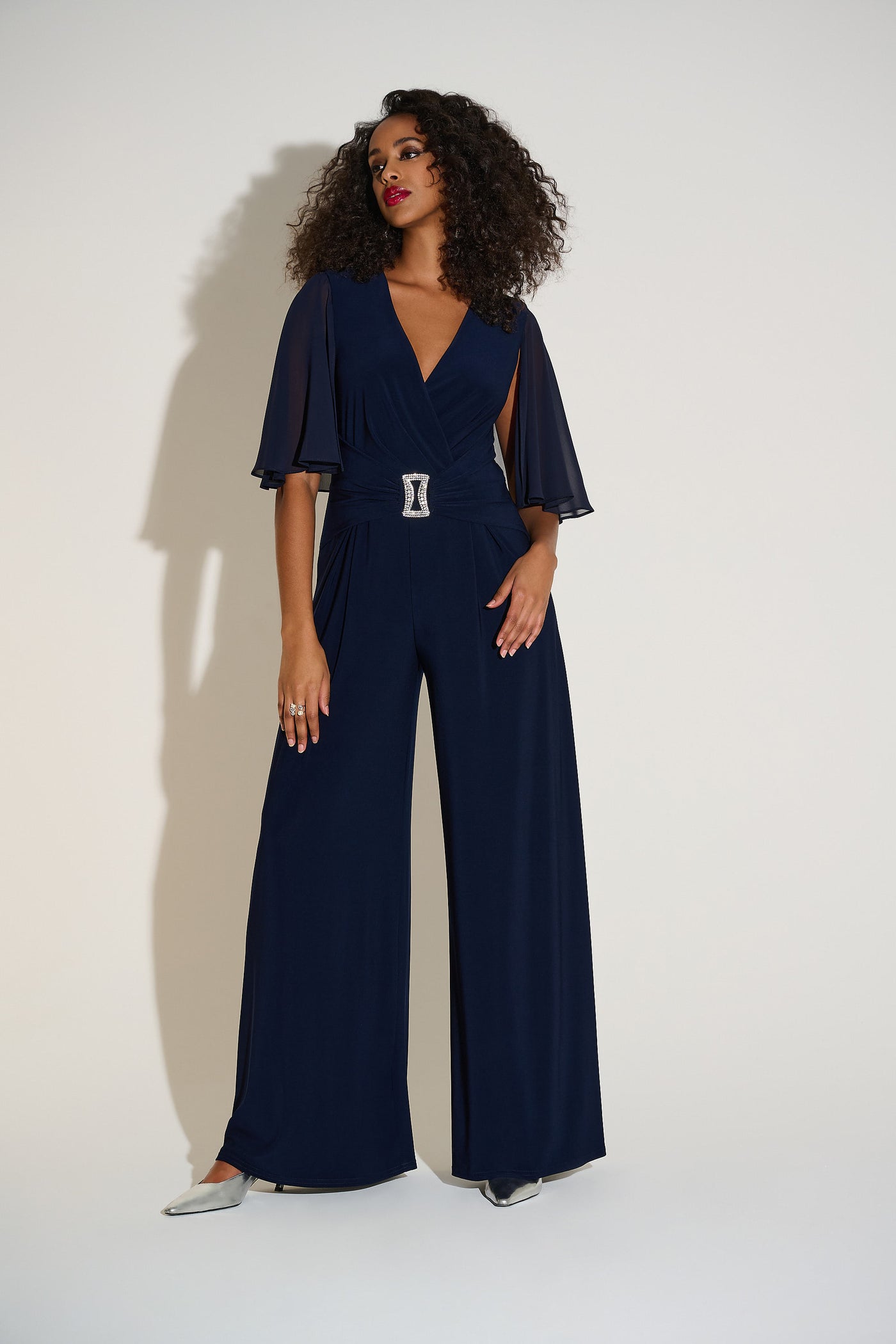 Joseph Ribkoff Midnight Blue Silky Knit & Chiffon Wide Leg Jumpsuit with Cape
