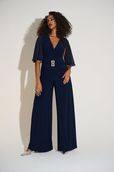 Joseph Ribkoff Midnight Blue Silky Knit & Chiffon Wide Leg Jumpsuit with Cape