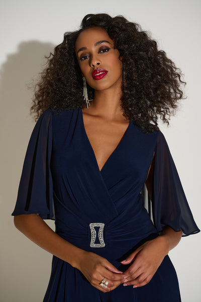 Joseph Ribkoff Midnight Blue Silky Knit & Chiffon Wide Leg Jumpsuit with Cape