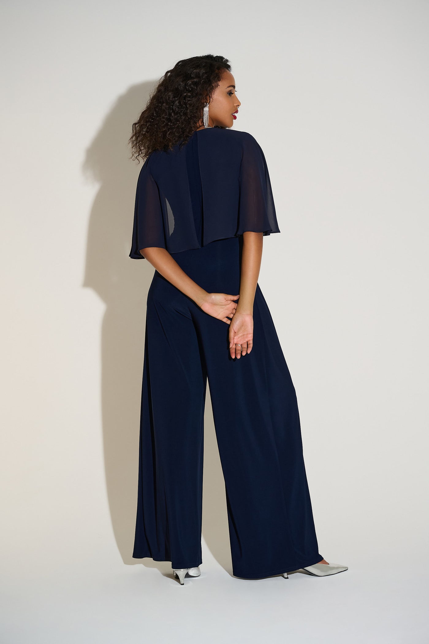 Joseph Ribkoff Midnight Blue Silky Knit & Chiffon Wide Leg Jumpsuit with Cape