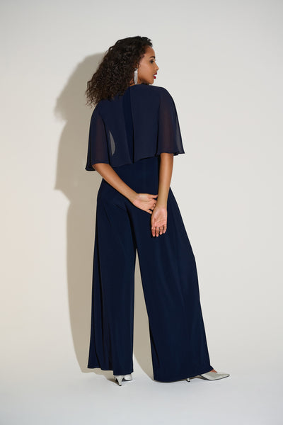 Joseph Ribkoff Midnight Blue Silky Knit & Chiffon Wide Leg Jumpsuit with Cape