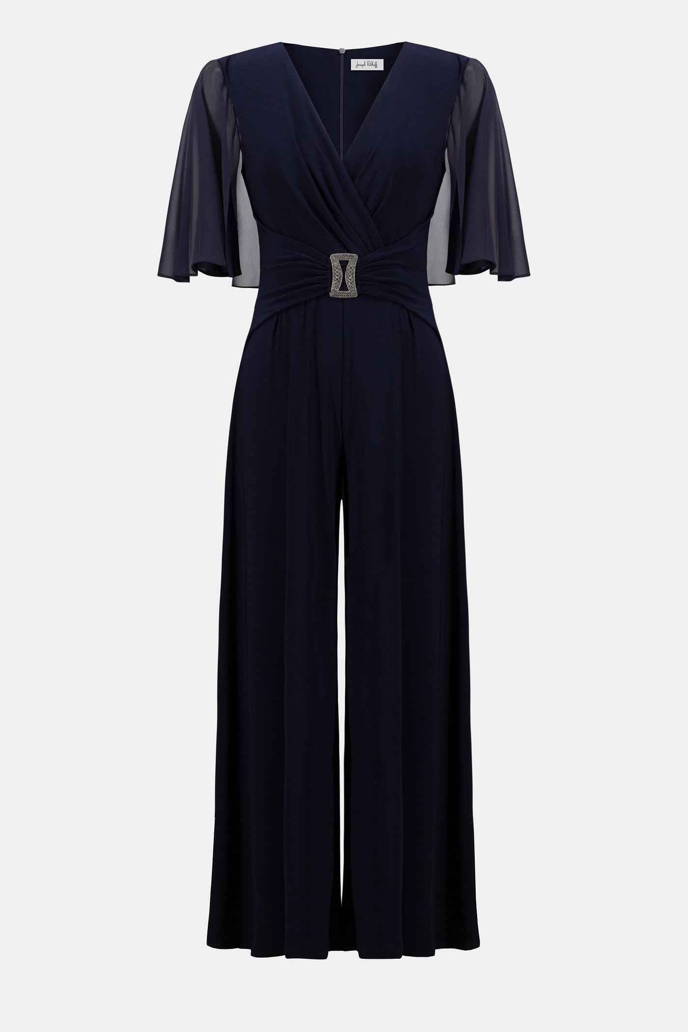 Joseph Ribkoff Midnight Blue Silky Knit & Chiffon Wide Leg Jumpsuit with Cape