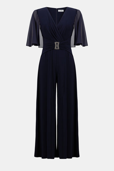Joseph Ribkoff Midnight Blue Silky Knit & Chiffon Wide Leg Jumpsuit with Cape