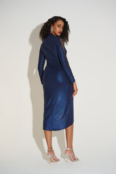Joseph Ribkoff Signature | Foiled Knit Wrap Dress With Mesh Sleeve Detail