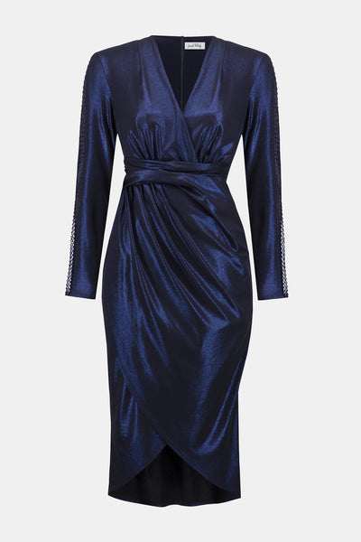 Joseph Ribkoff Signature | Foiled Knit Wrap Dress With Mesh Sleeve Detail