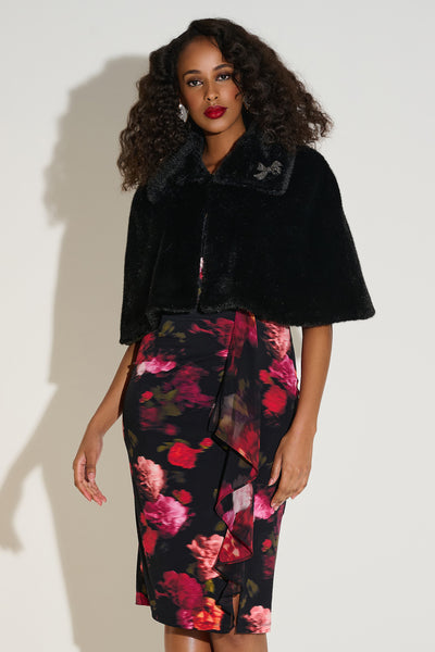 Joseph Ribkoff Faux Fur Cape with Crystal Brooch