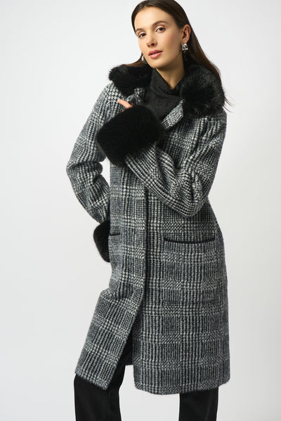 Joseph Ribkoff Feather Yarn Plaid Jacquard Coat with Faux Fur Trim