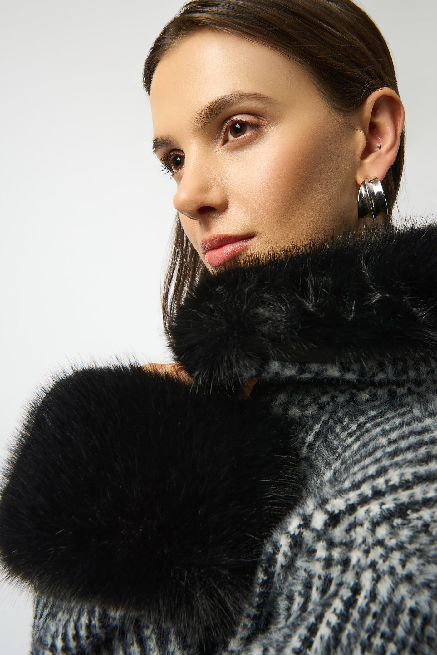 Joseph Ribkoff Feather Yarn Plaid Jacquard Coat with Faux Fur Trim