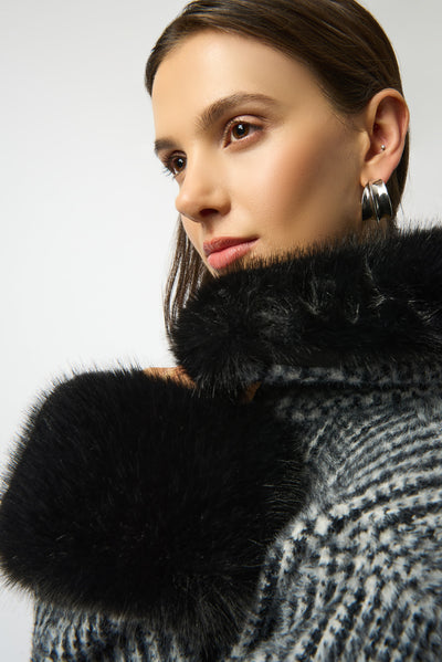 Joseph Ribkoff Feather Yarn Plaid Jacquard Coat with Faux Fur Trim
