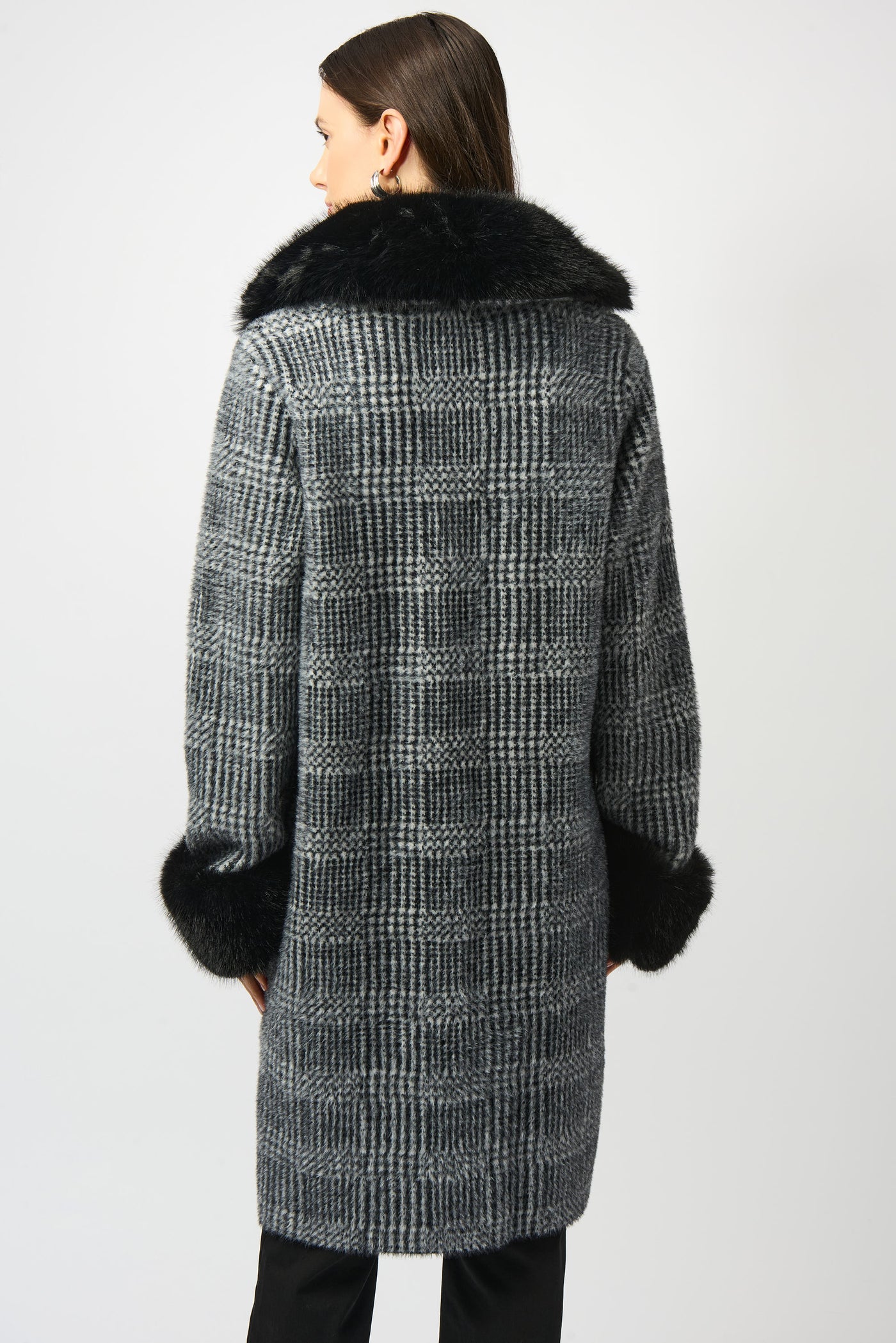 Joseph Ribkoff Feather Yarn Plaid Jacquard Coat with Faux Fur Trim