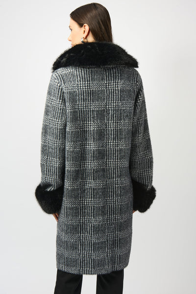 Joseph Ribkoff Feather Yarn Plaid Jacquard Coat with Faux Fur Trim
