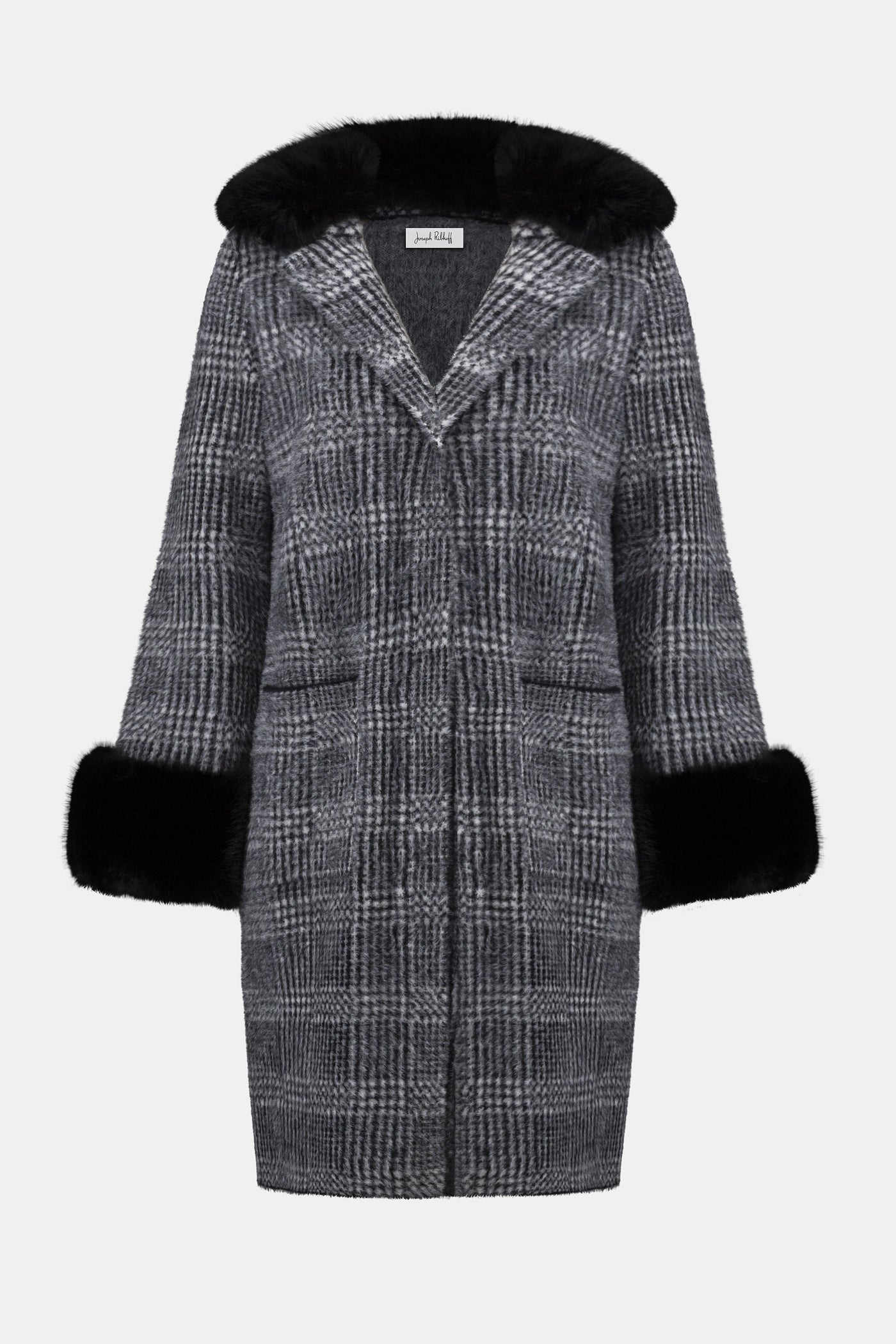 Joseph Ribkoff Feather Yarn Plaid Jacquard Coat with Faux Fur Trim