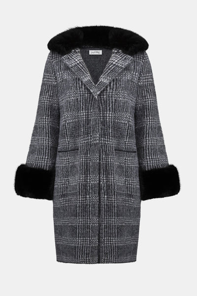 Joseph Ribkoff Feather Yarn Plaid Jacquard Coat with Faux Fur Trim