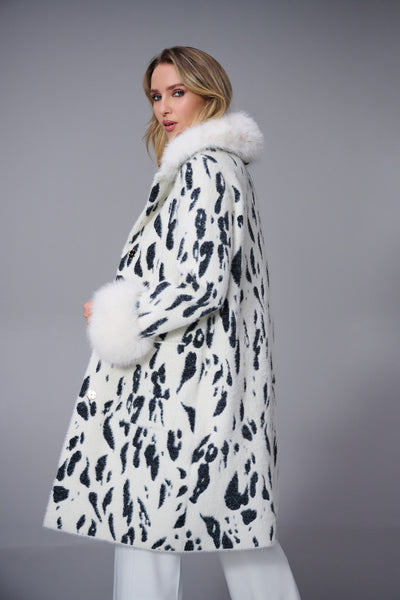 Joseph Ribkoff Feather Yarn Animal Jacquard Coat with Faux Fur Trim
