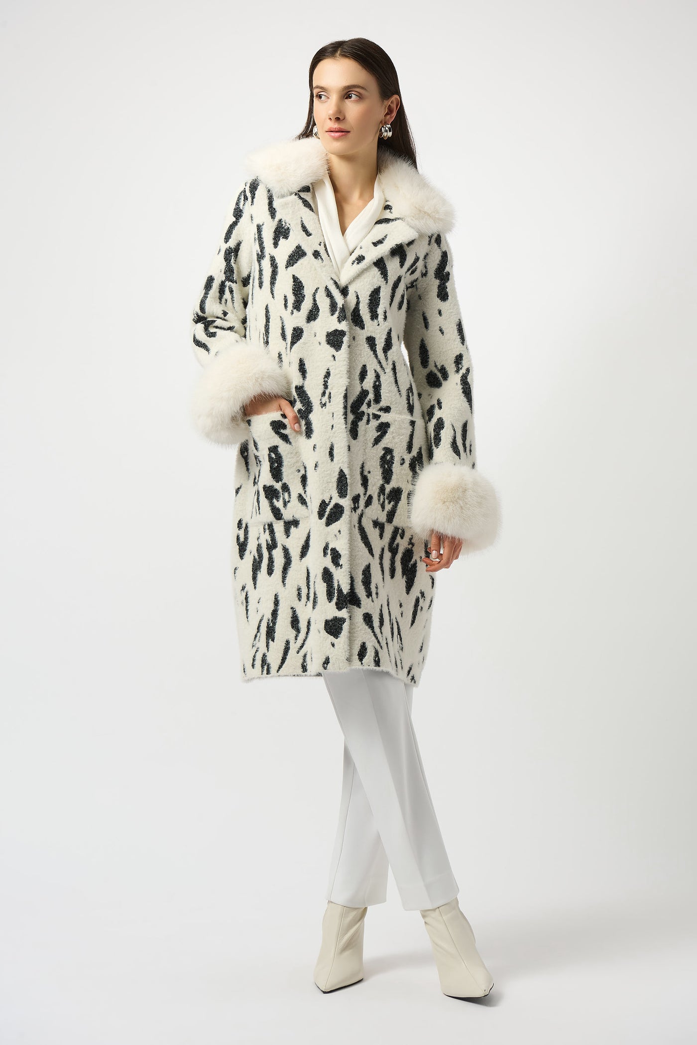 Joseph Ribkoff Feather Yarn Animal Jacquard Coat with Faux Fur Trim