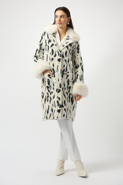 Joseph Ribkoff Feather Yarn Animal Jacquard Coat with Faux Fur Trim