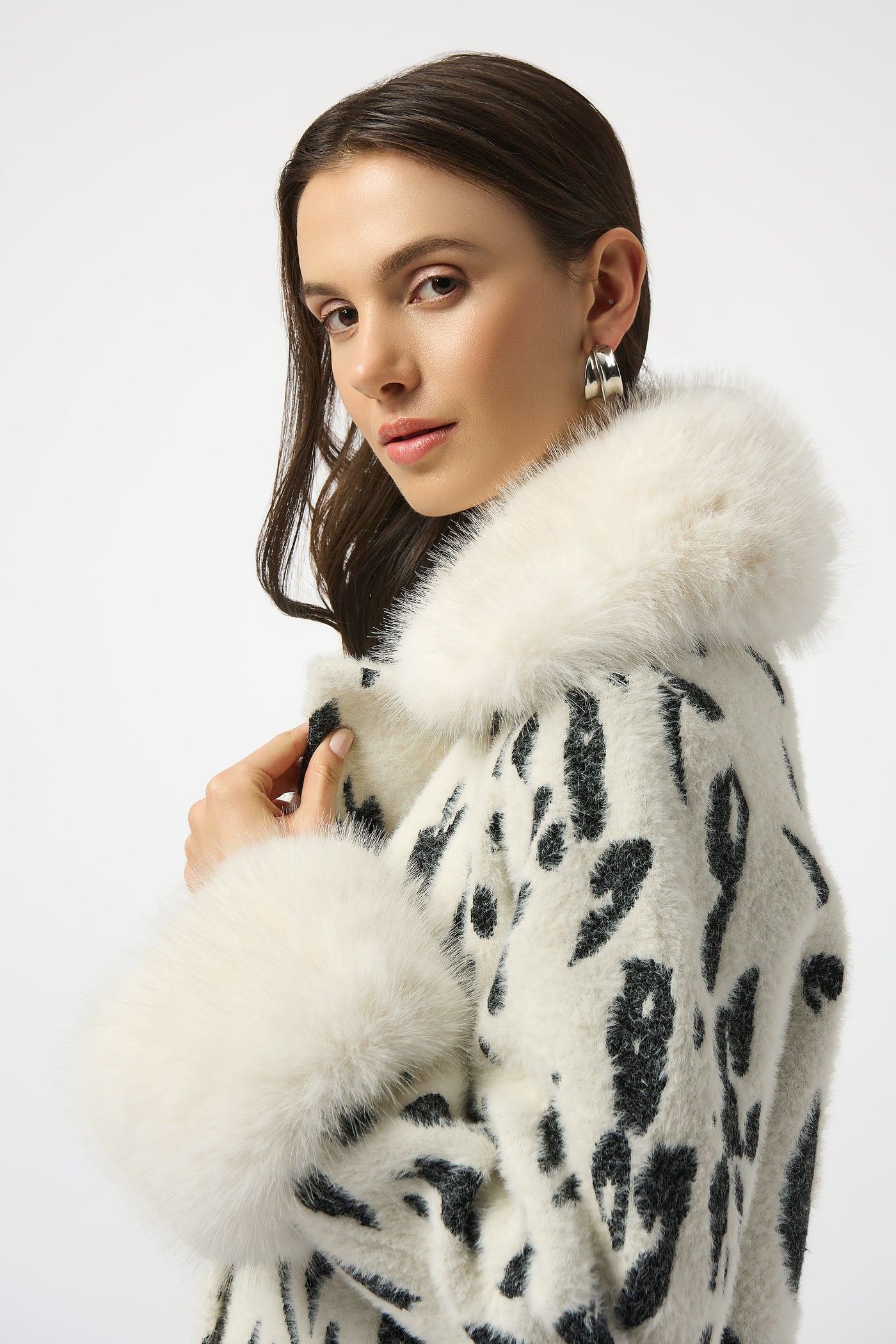 Joseph Ribkoff Feather Yarn Animal Jacquard Coat with Faux Fur Trim