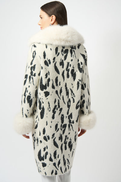Joseph Ribkoff Feather Yarn Animal Jacquard Coat with Faux Fur Trim