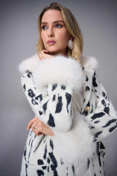 Joseph Ribkoff Feather Yarn Animal Jacquard Coat with Faux Fur Trim