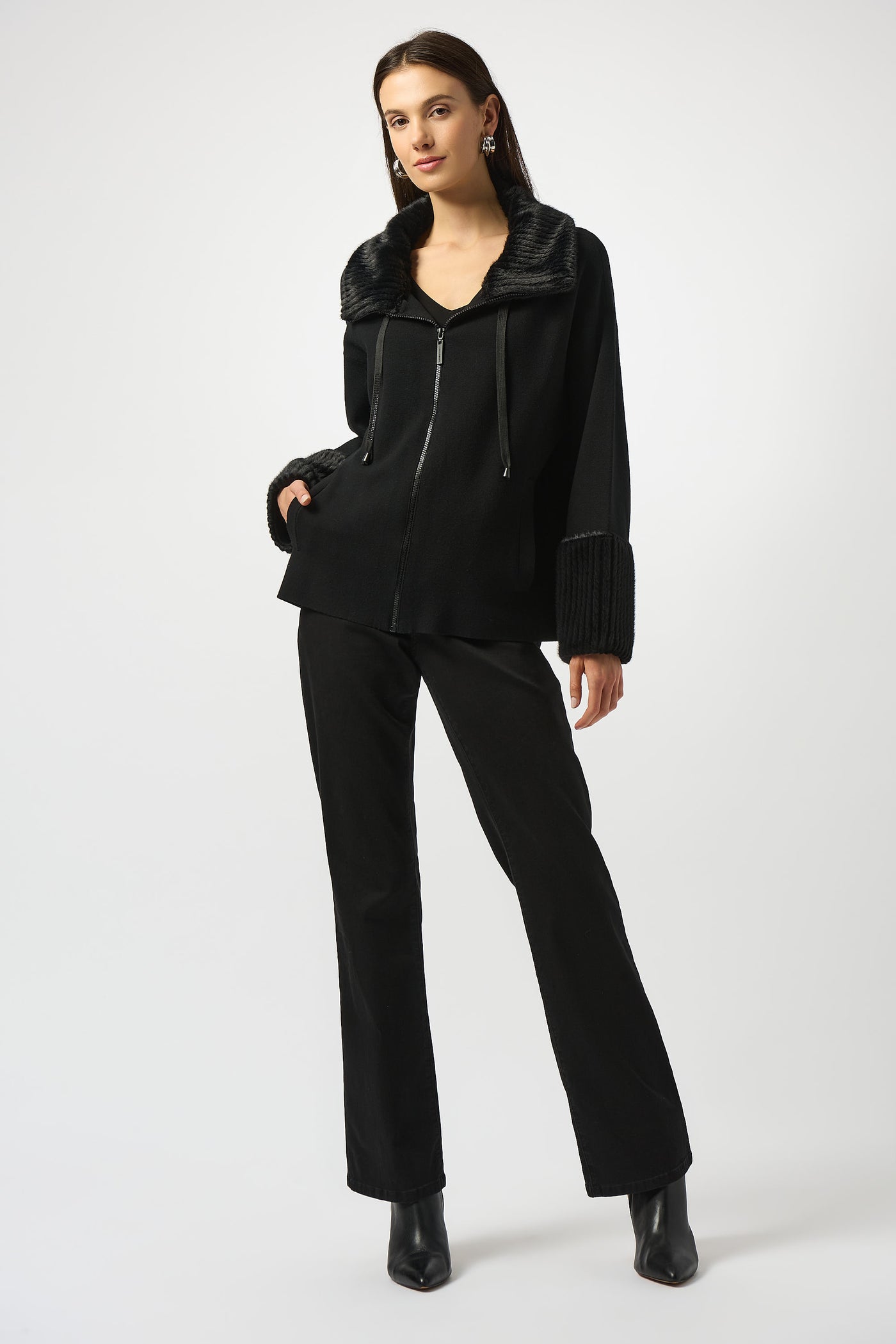 Joseph Ribkoff Sweater Knit Jacket With Fur Trim