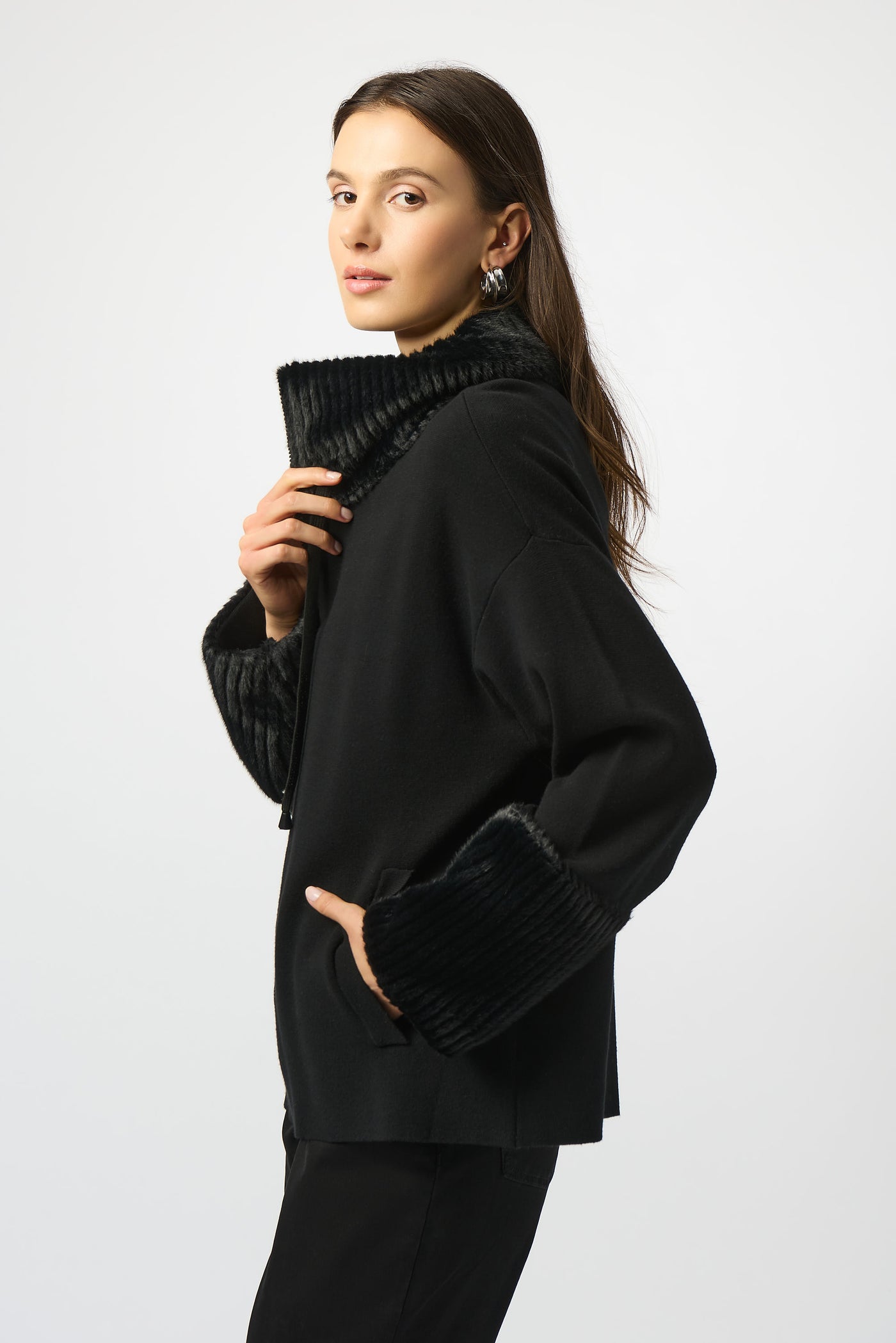 Joseph Ribkoff Sweater Knit Jacket With Fur Trim