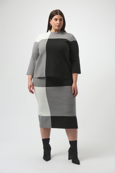 Joseph Ribkoff Black/Grey/Vanilla Jacquard Sweater Colour Block Skirt