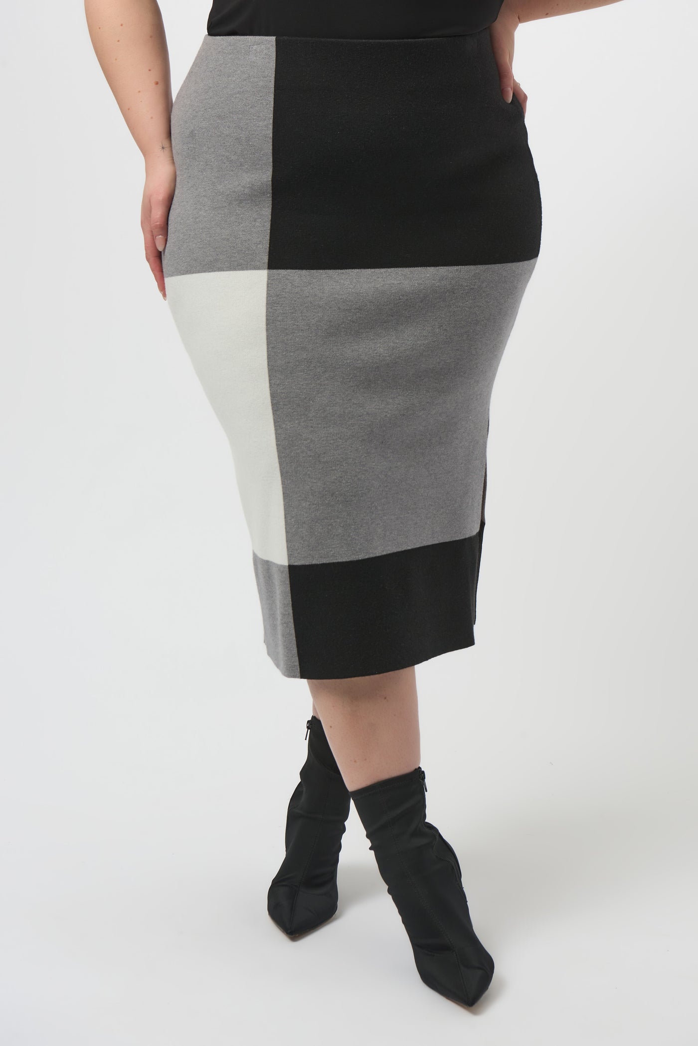 Joseph Ribkoff Black/Grey/Vanilla Jacquard Sweater Colour Block Skirt