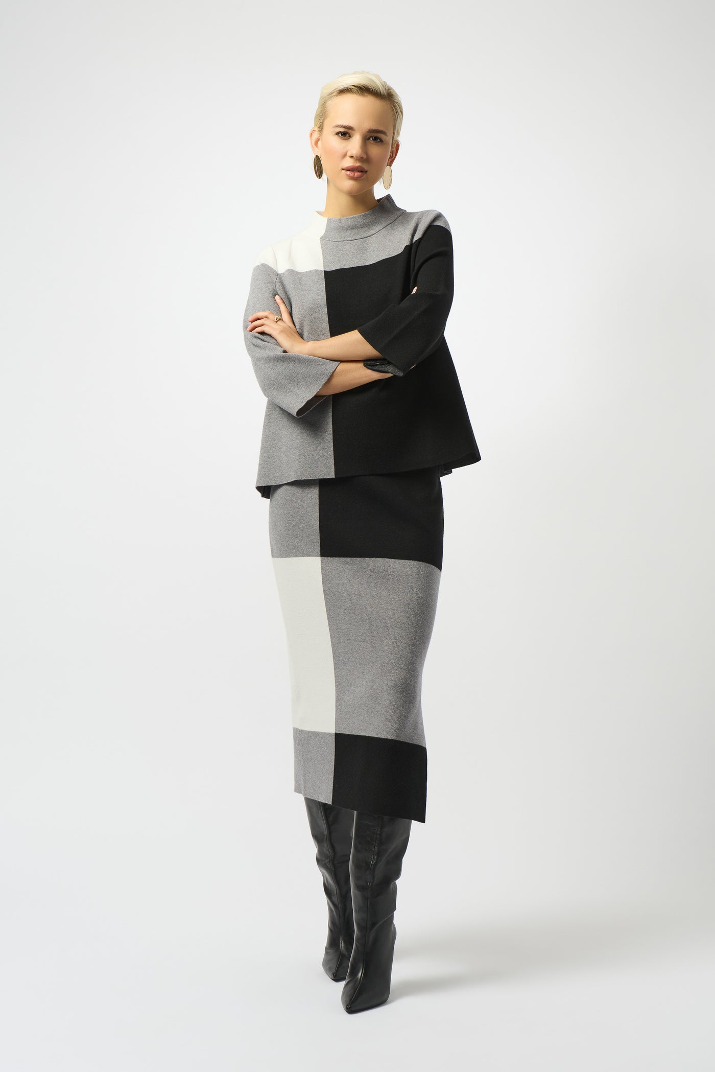 Joseph Ribkoff Black/Grey/Vanilla Jacquard Sweater Colour Block Skirt