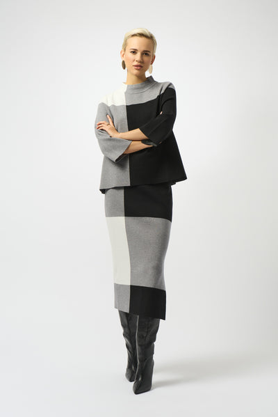 Joseph Ribkoff Black/Grey/Vanilla Jacquard Sweater Colour Block Skirt
