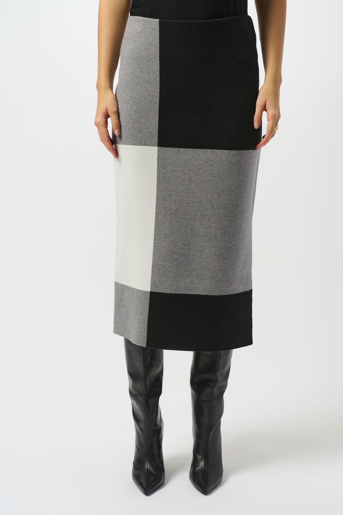 Joseph Ribkoff Black/Grey/Vanilla Jacquard Sweater Colour Block Skirt