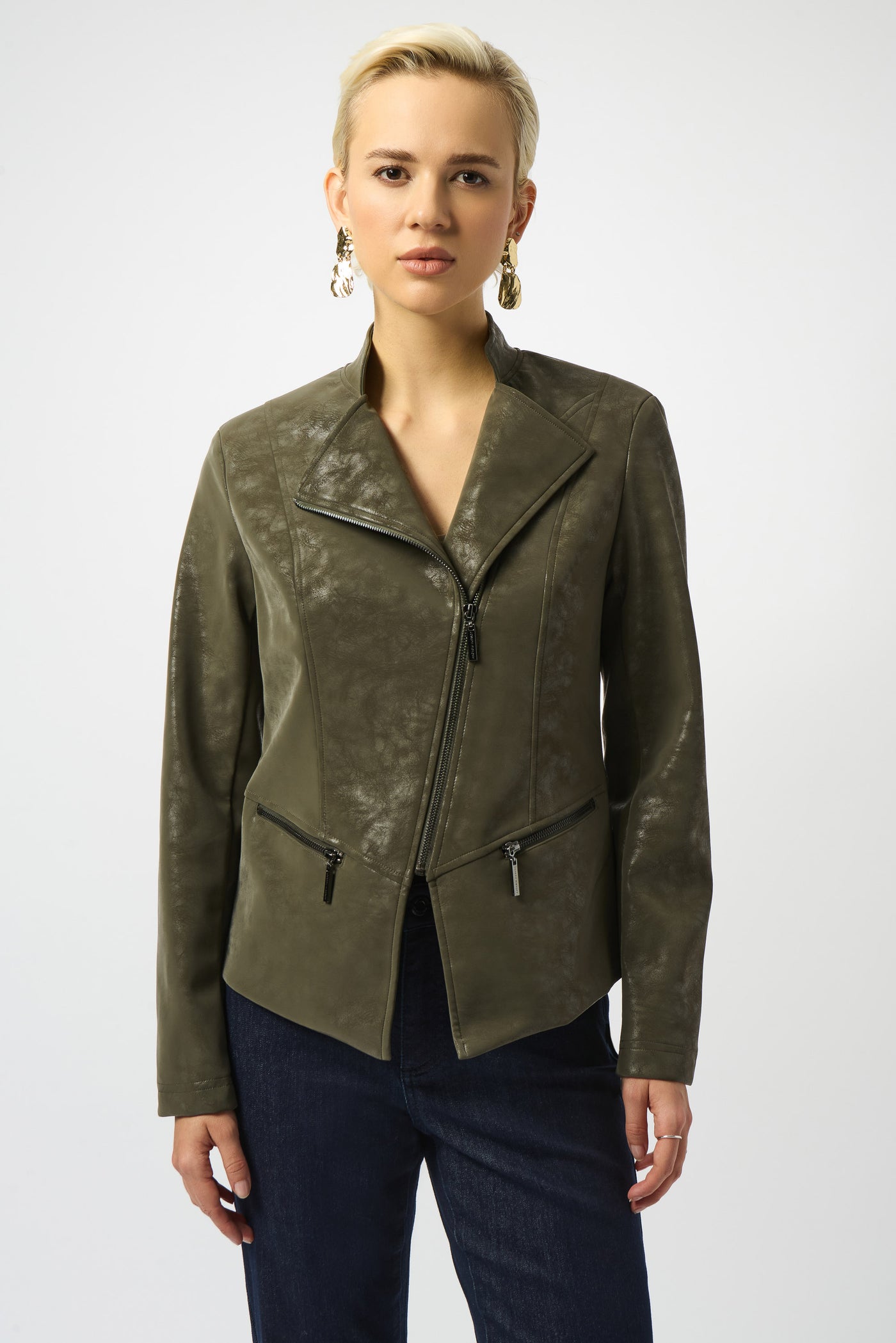 Joseph Ribkoff Foiled Faux Suede Fitted Moto Jacket