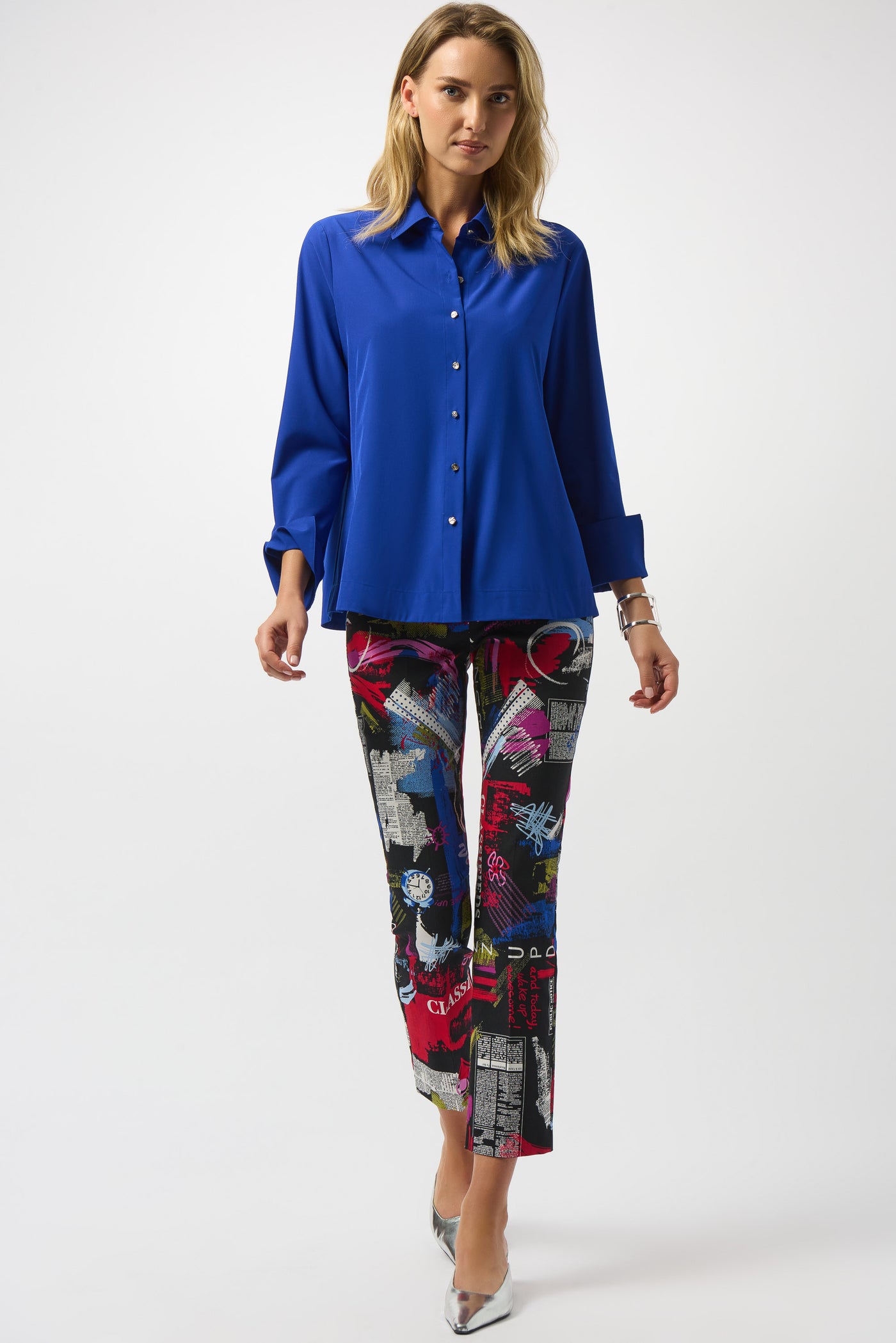 Joseph Ribkoff Sapphire Stretch Poplin Button-Front Boxy Blouse